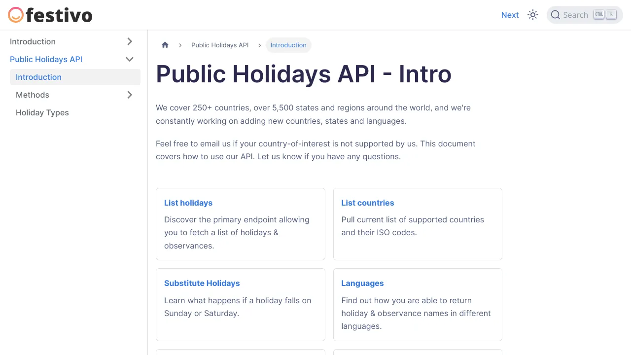 Screenshot of Festivo Public Holidays website