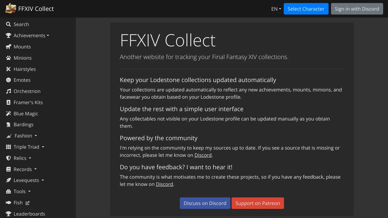 Screenshot of FFXIV Collect website