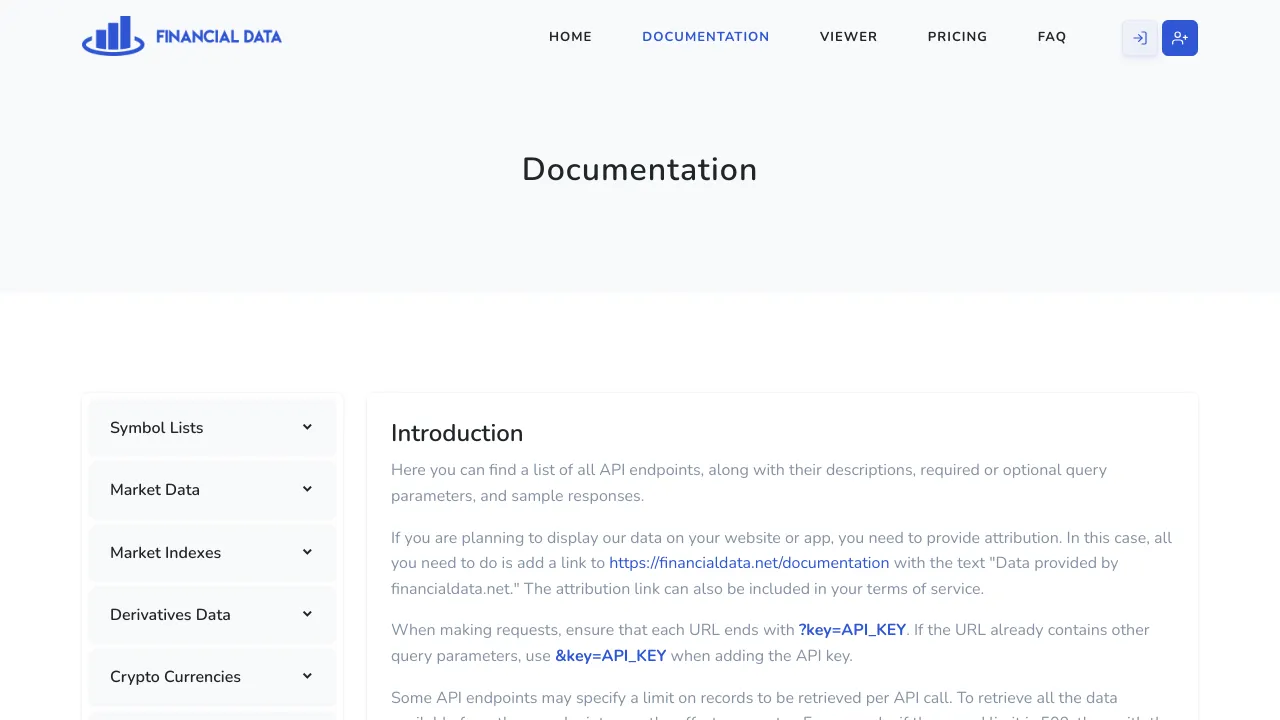Screenshot of Financial Data website