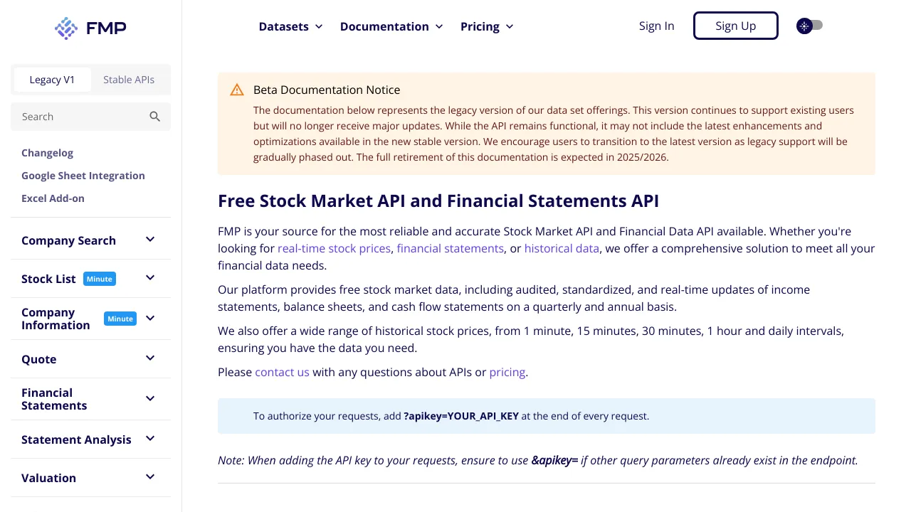 Screenshot of Financial Modeling Prep website