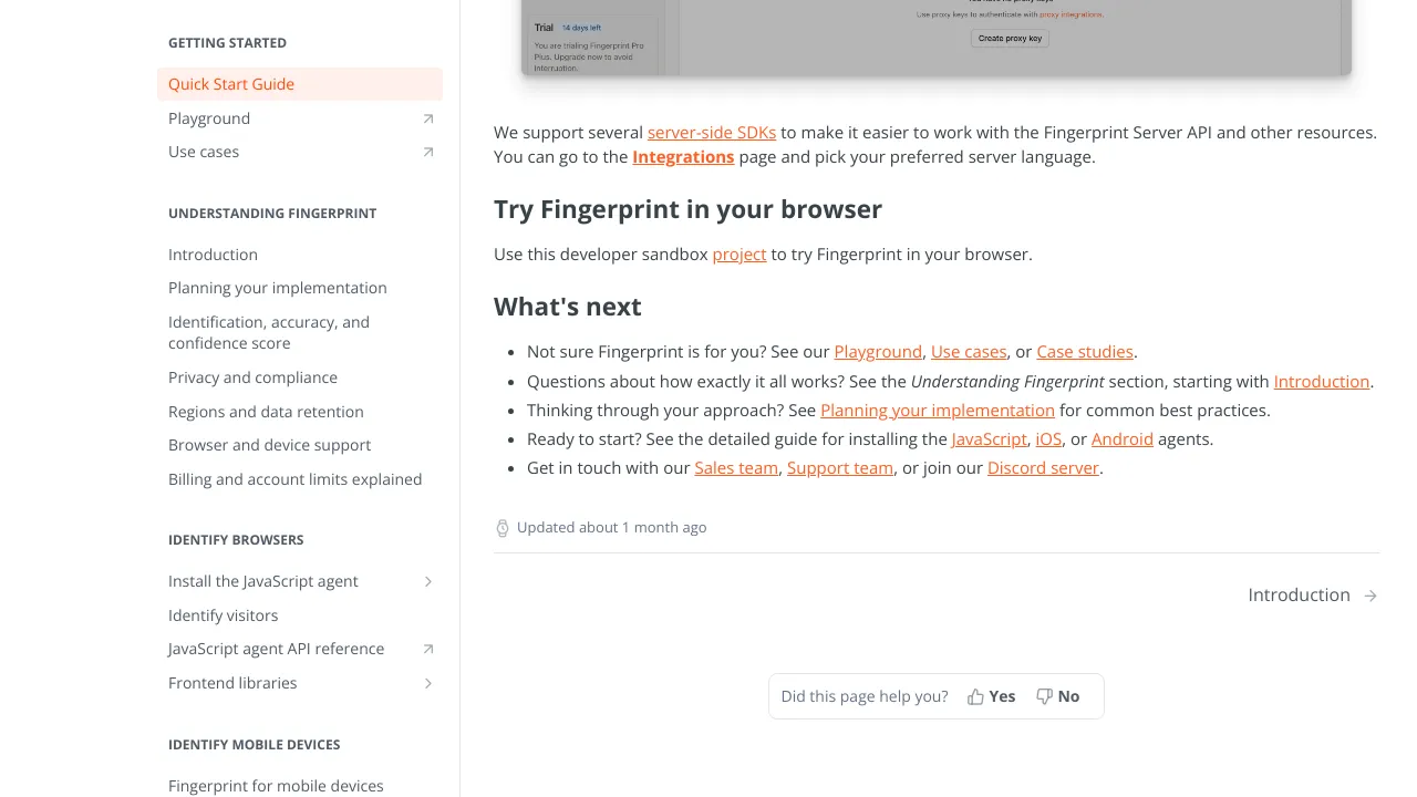 Screenshot of FingerprintJS Pro website