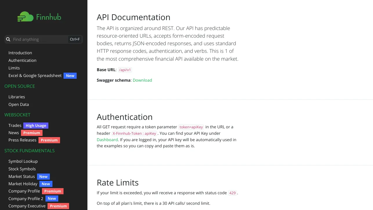 Screenshot of Finnhub website