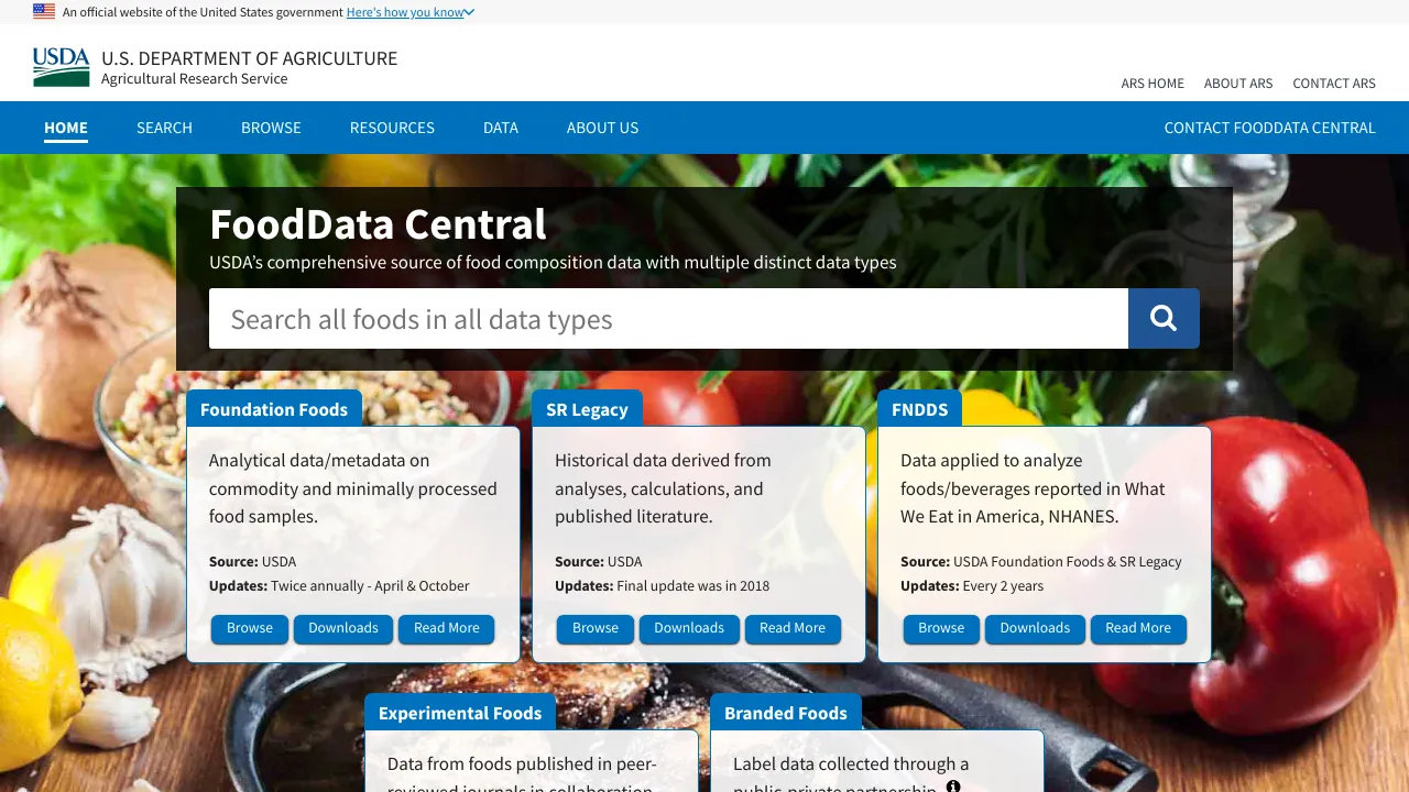 Screenshot of FoodData Central website