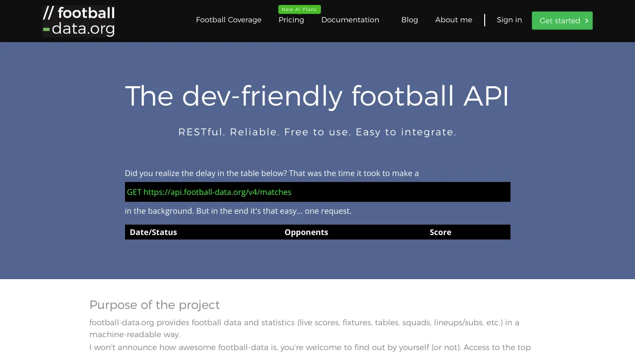 Screenshot of Football-Data.org website