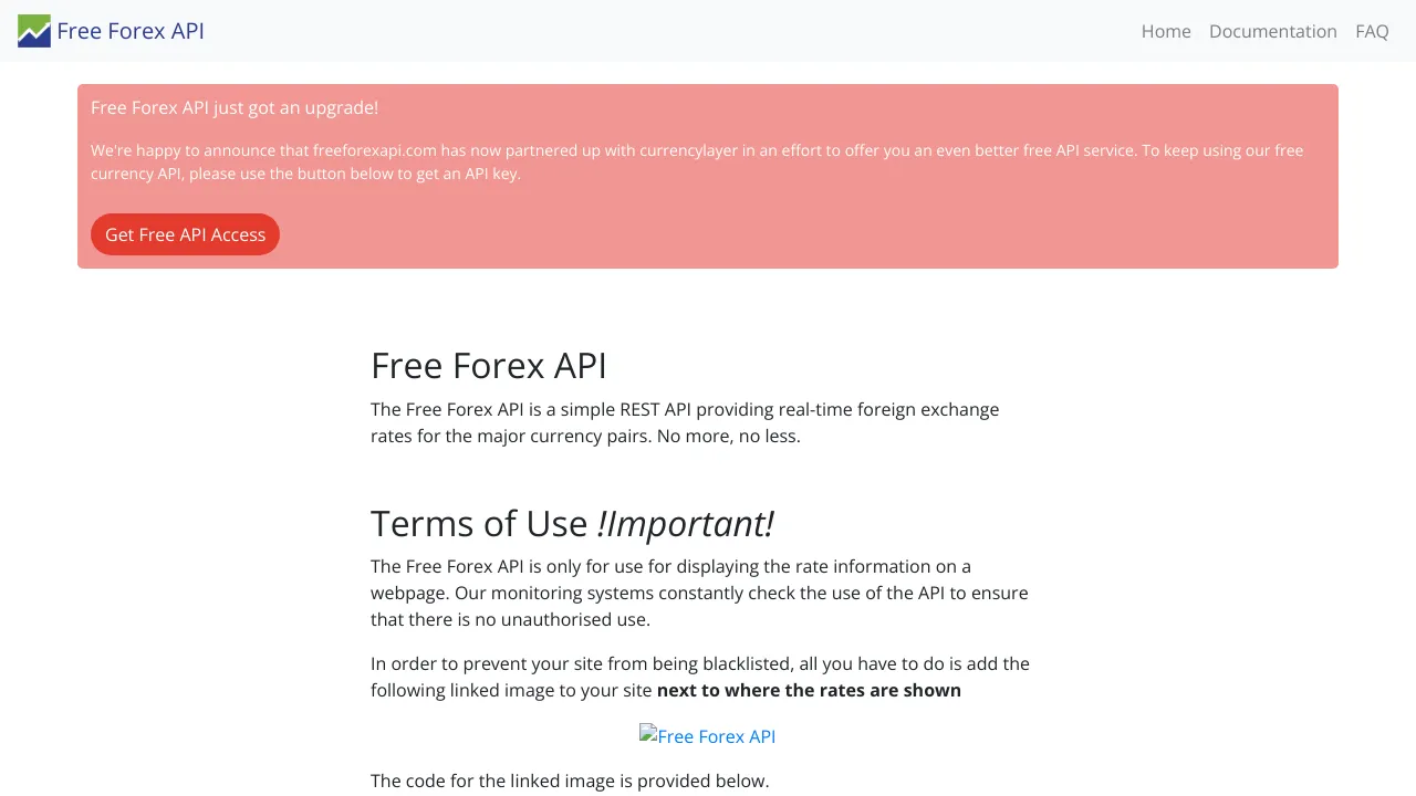 Screenshot of FreeForexAPI website