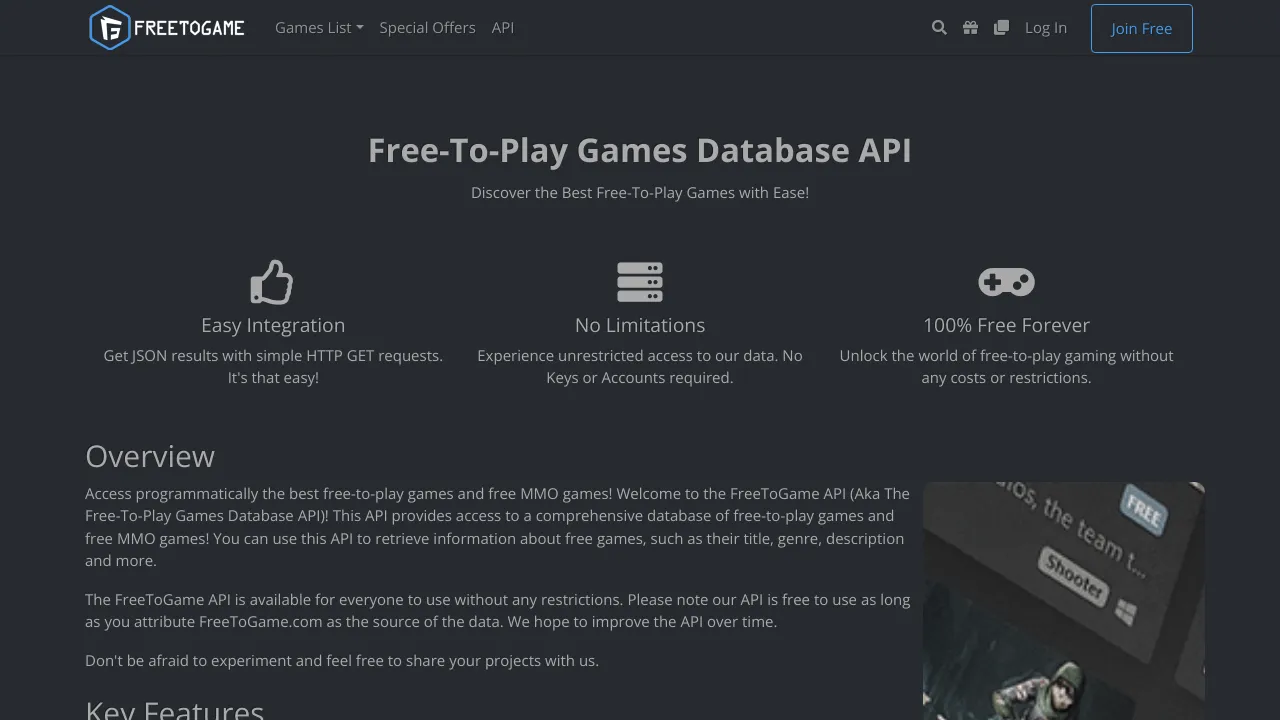 Screenshot of FreeToGame website