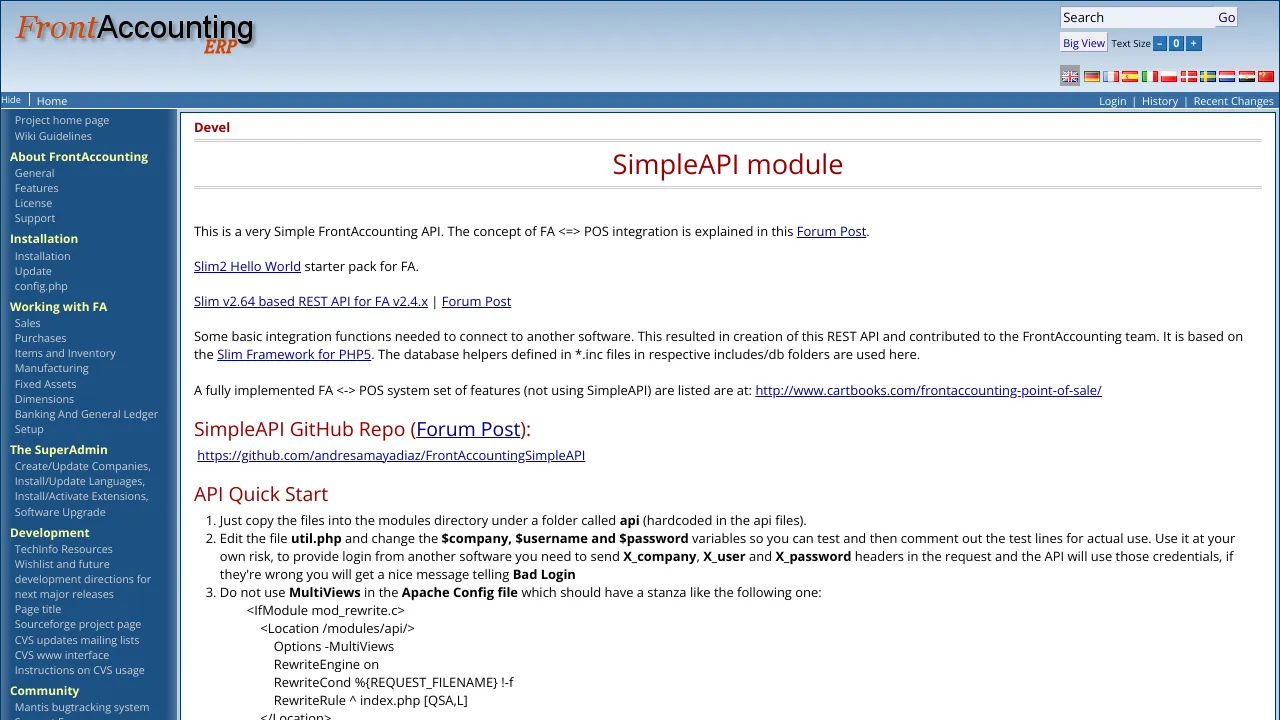 Screenshot of Front Accounting APIs website