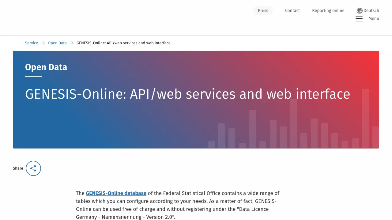 Screenshot of GENESIS (Destatis) website