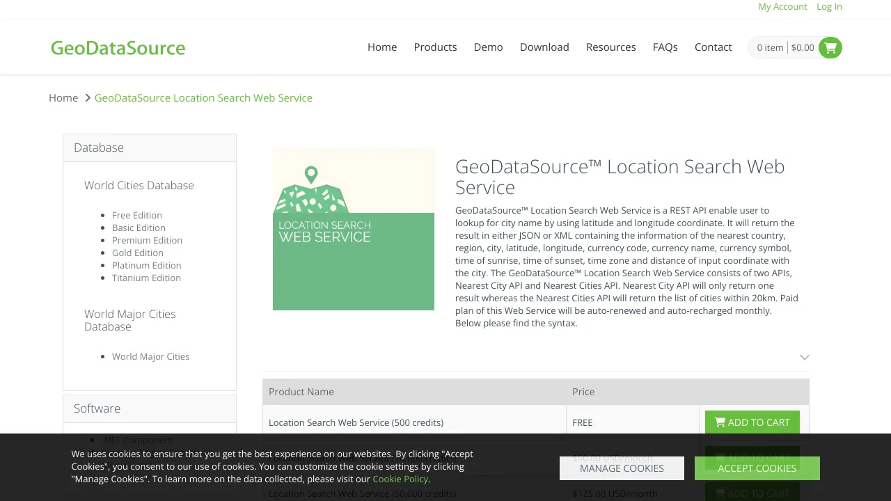 Screenshot of GeoDataSource website