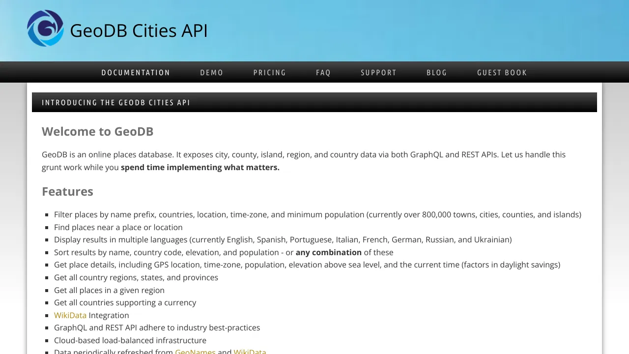 Screenshot of GeoDB Cities website