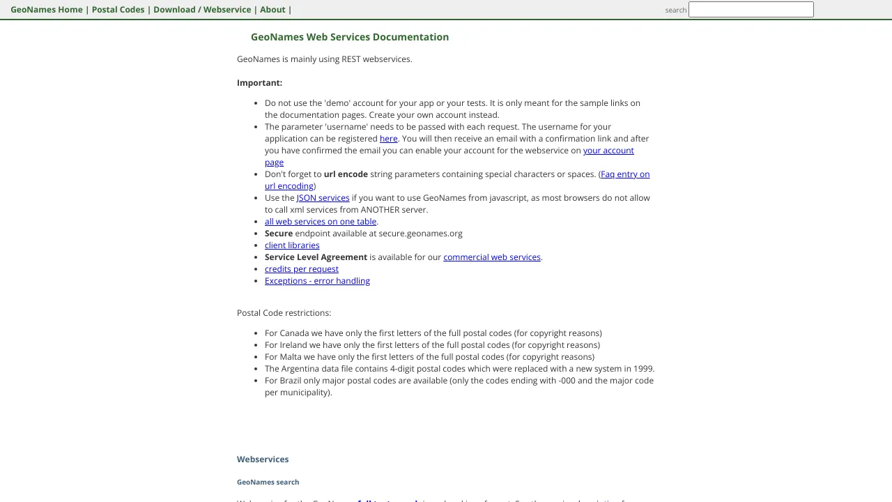 Screenshot of GeoNames website