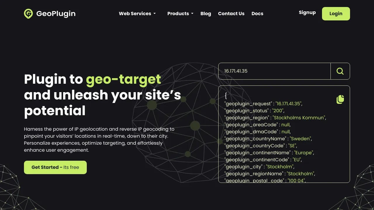 Screenshot of geoPlugin website