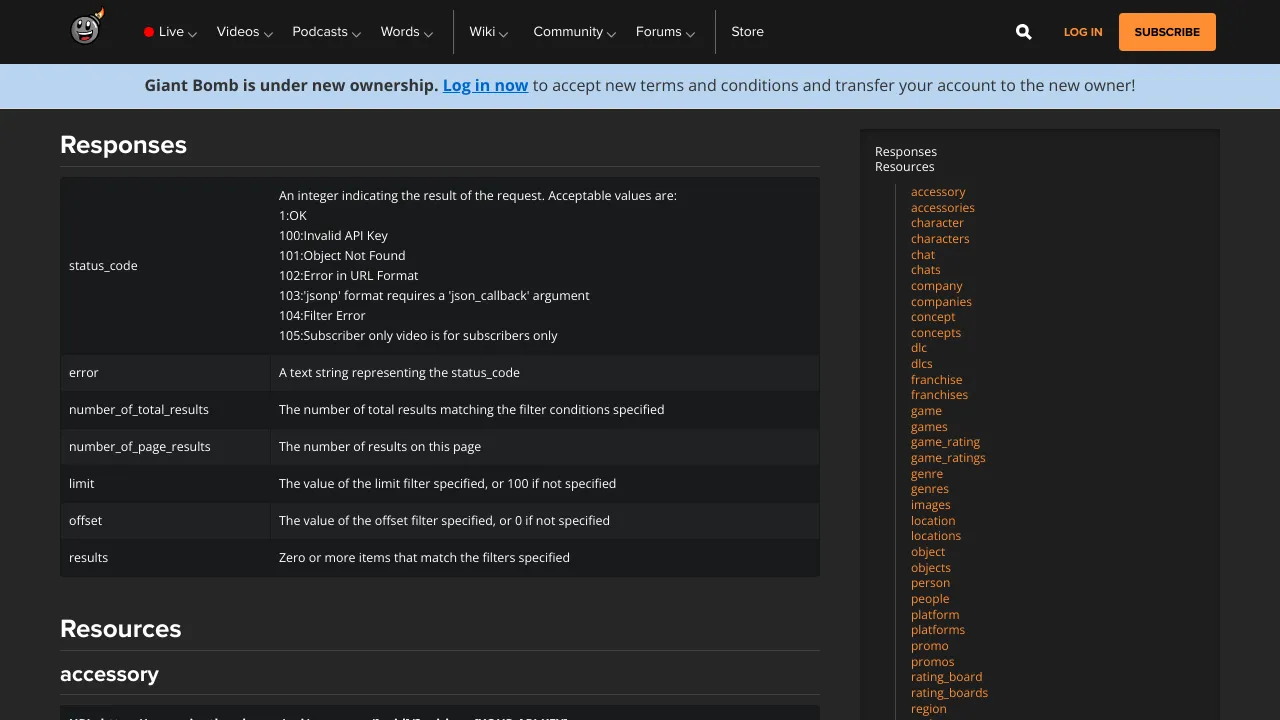 Screenshot of Giant Bomb website
