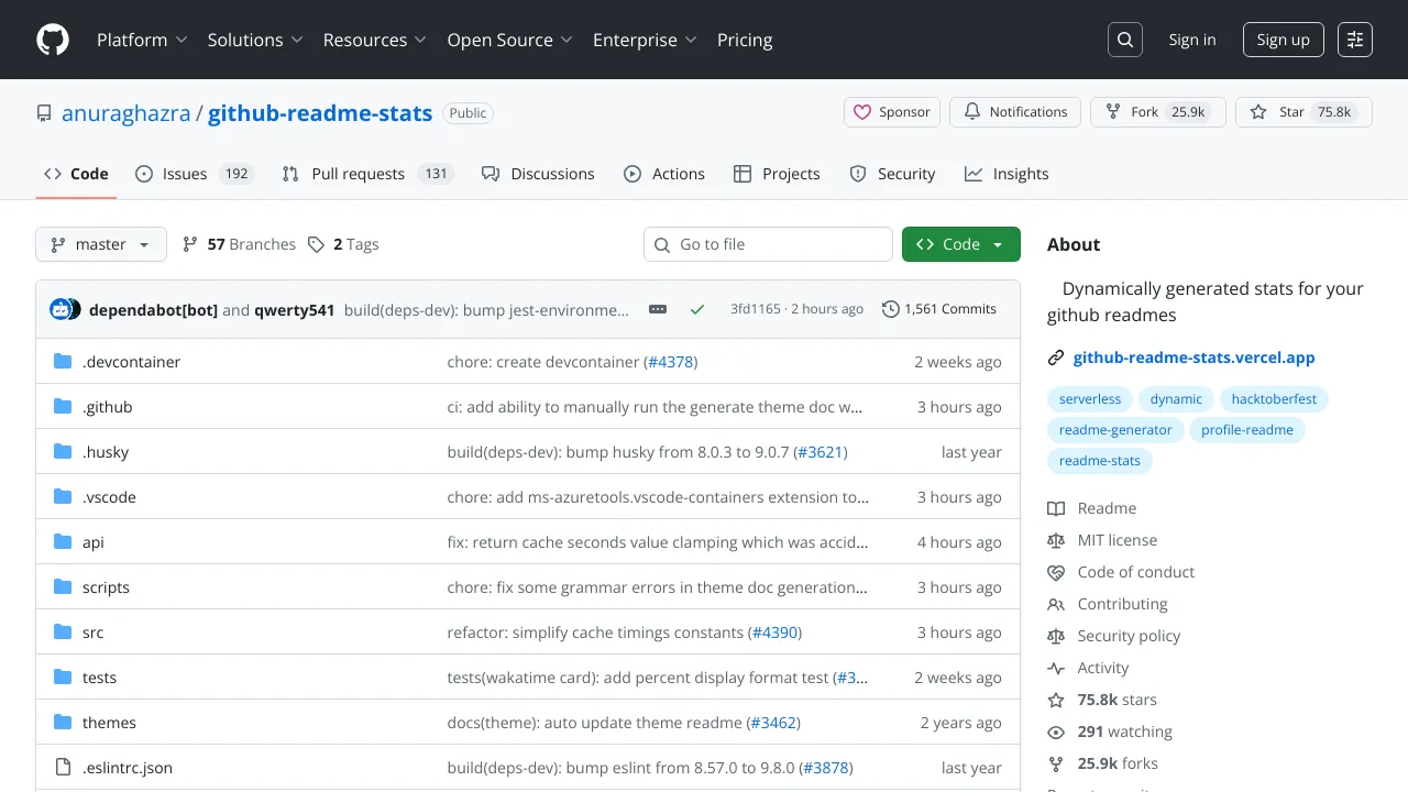 Screenshot of GitHub ReadMe Stats website