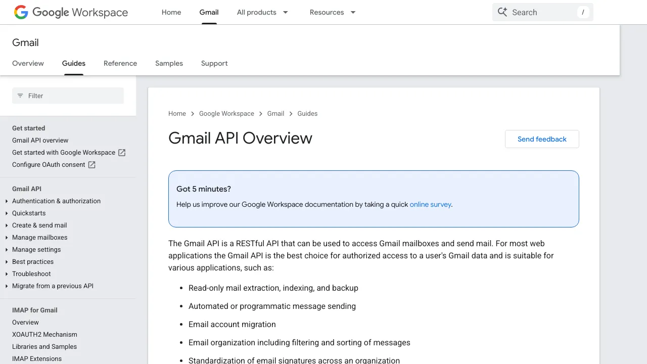 Screenshot of Gmail API website