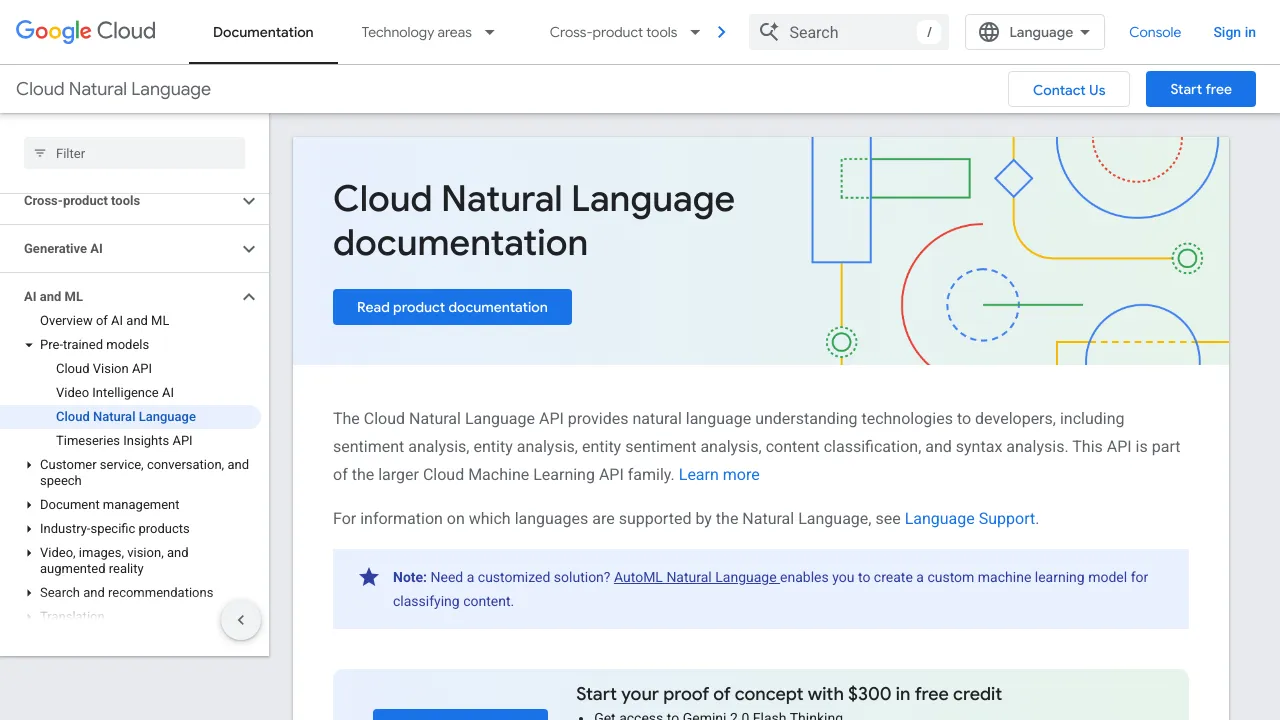 Screenshot of Google Cloud Natural Language website