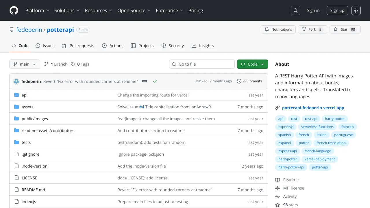 Screenshot of Harry Potter API website