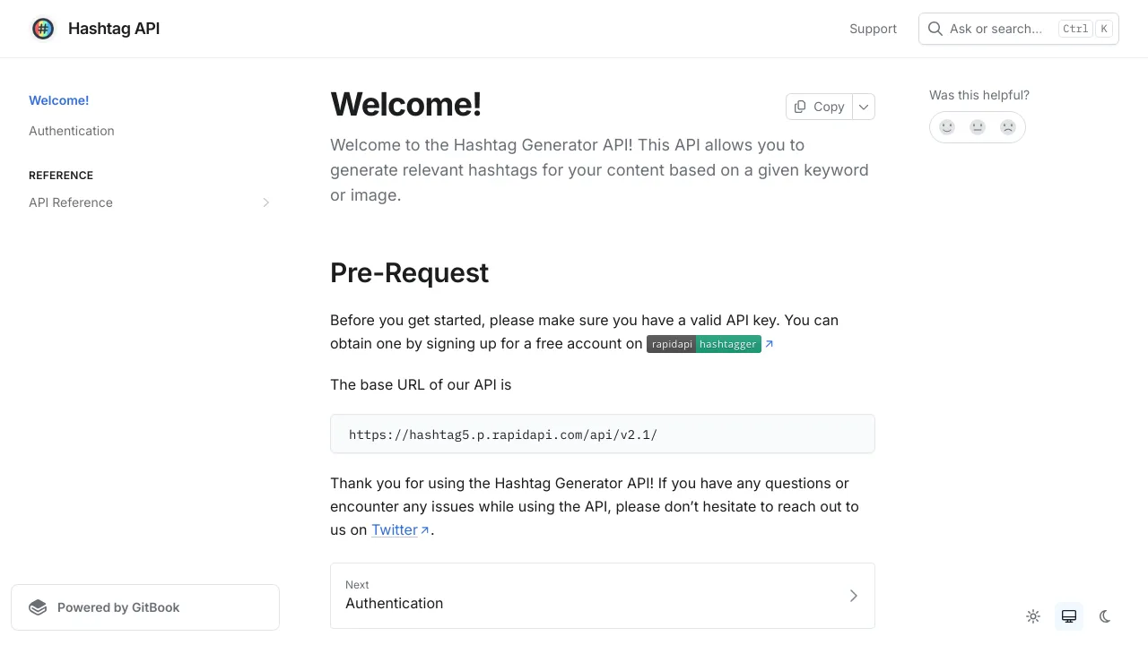 Screenshot of Hashtag API website
