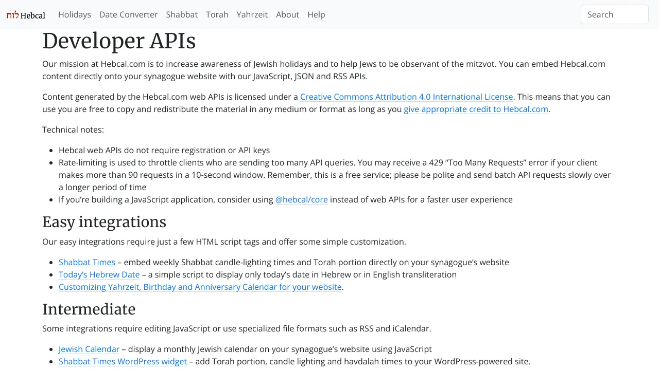 Screenshot of Hebrew Calendar website