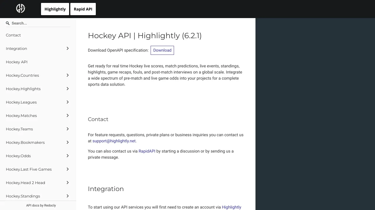 Screenshot of Hockey Highlights API website