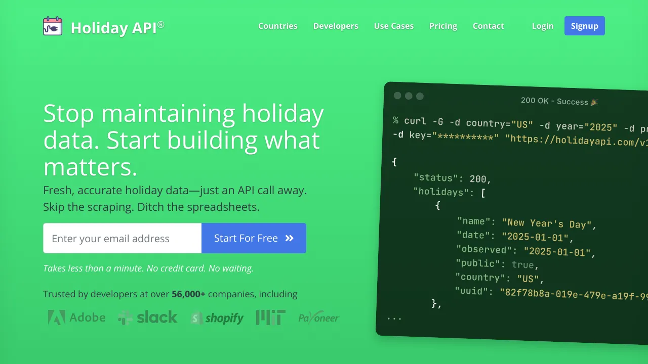 Screenshot of Holidays API website