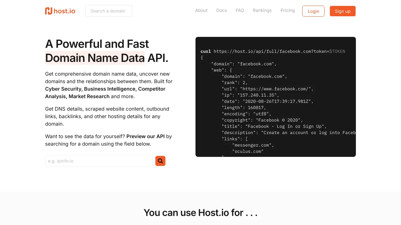 Screenshot of Host.io website