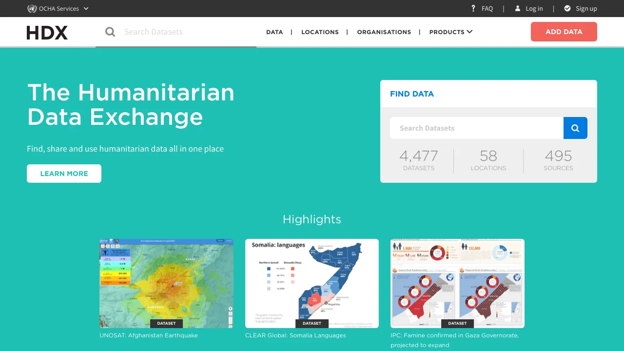 Screenshot of Humanitarian Data Exchange website