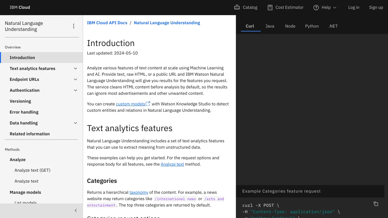 Screenshot of Watson Natural Language Understanding website