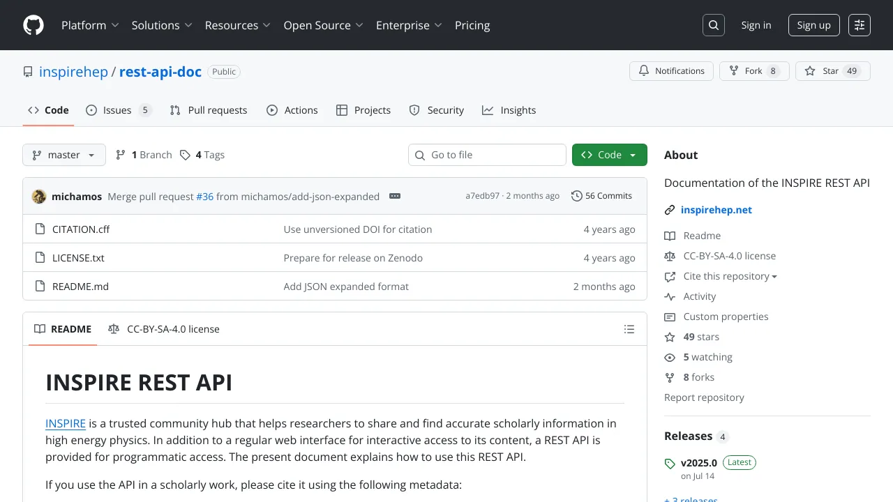 Screenshot of Inspire HEP website