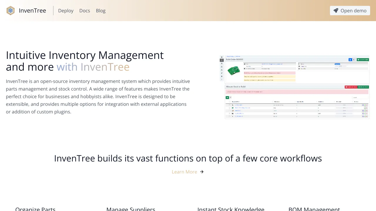 Screenshot of InvenTree website