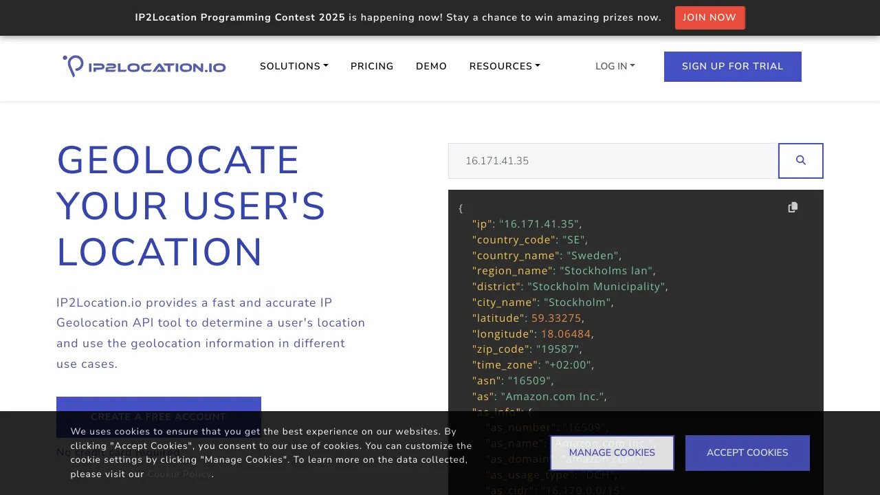 Screenshot of IP2Location.io website