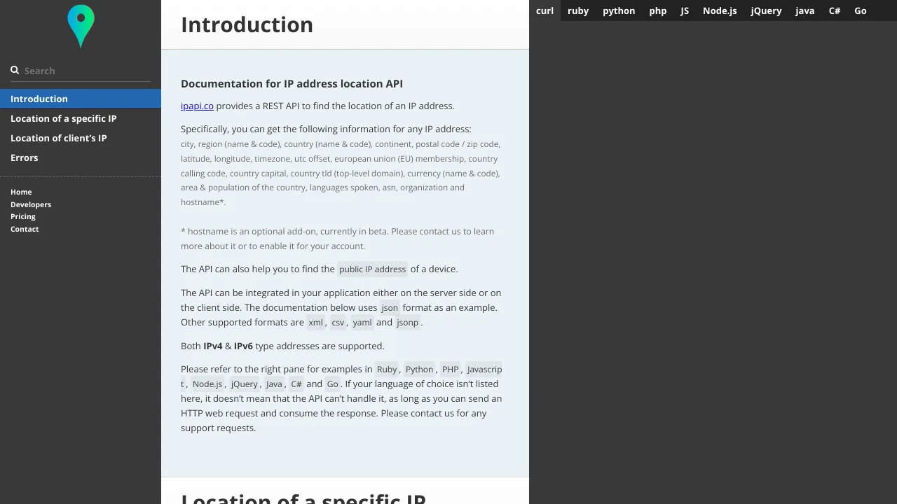 Screenshot of ipapi.co website