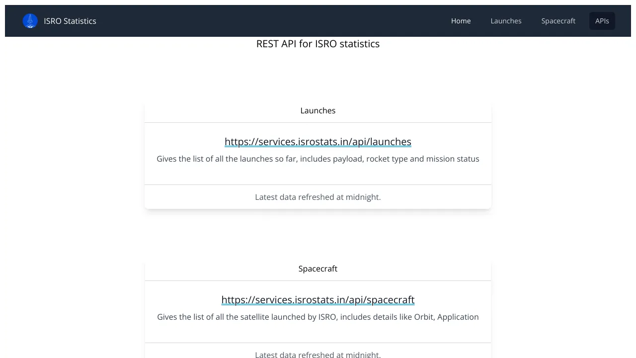 Screenshot of ISRO Statistics website