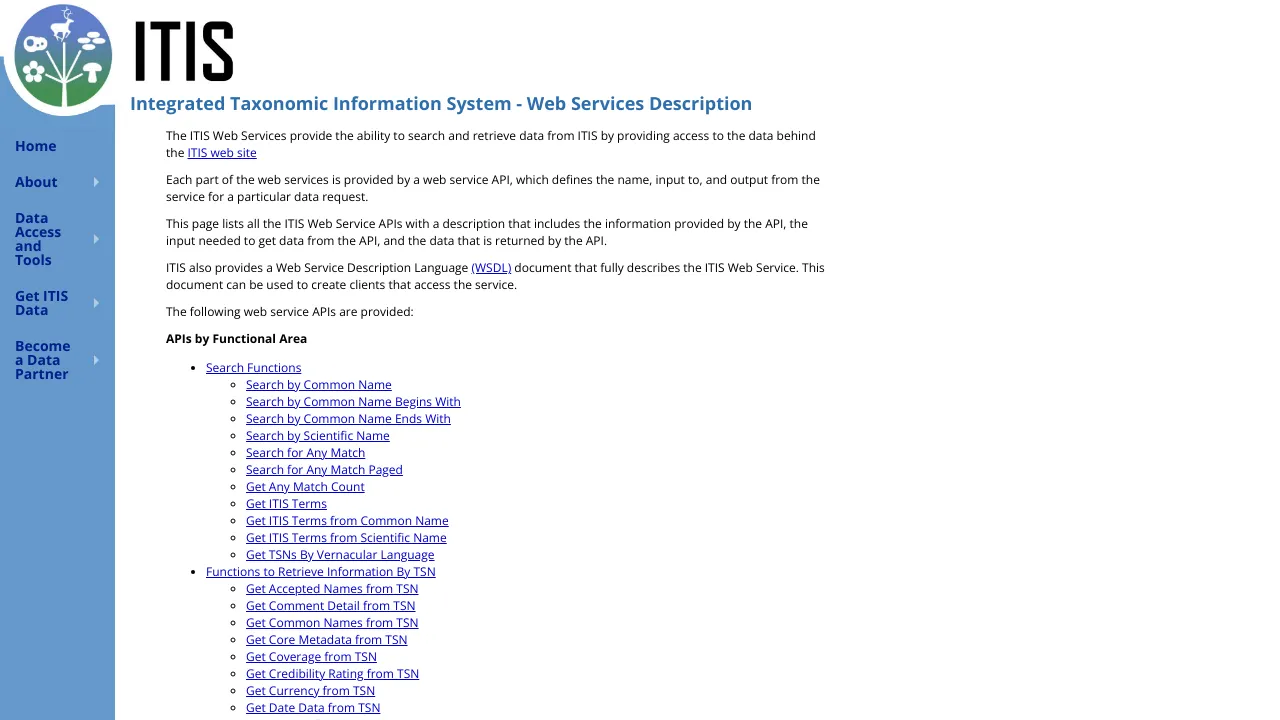 Screenshot of ITIS website