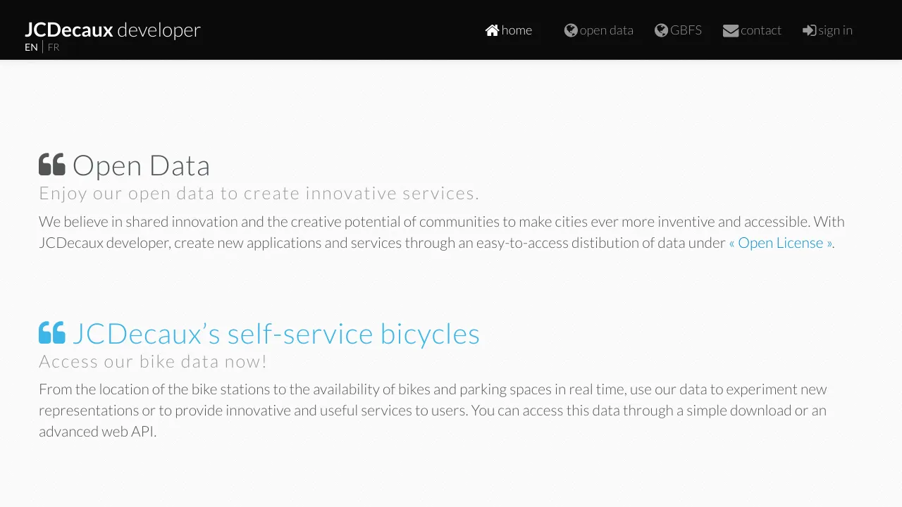 Screenshot of JCDecaux Bike website