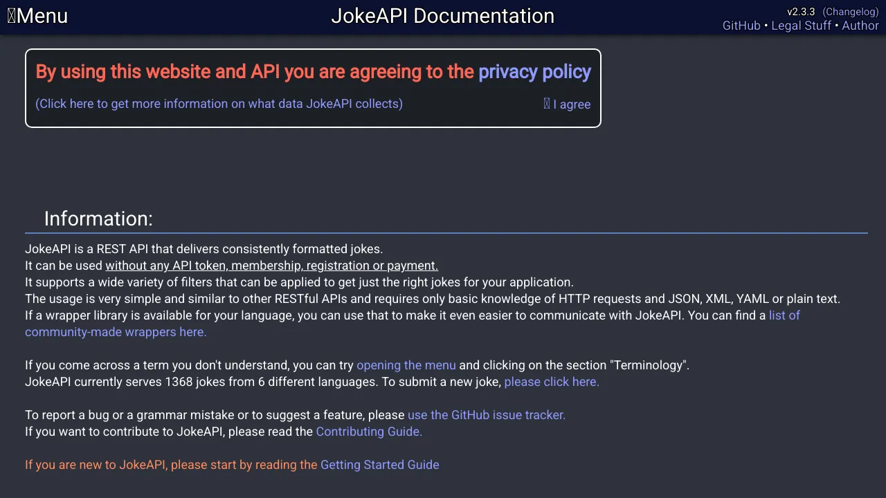 Screenshot of JokeAPI website