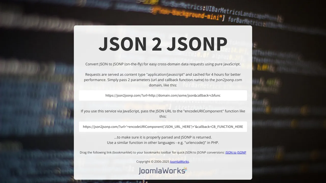 Screenshot of JSON 2 JSONP website