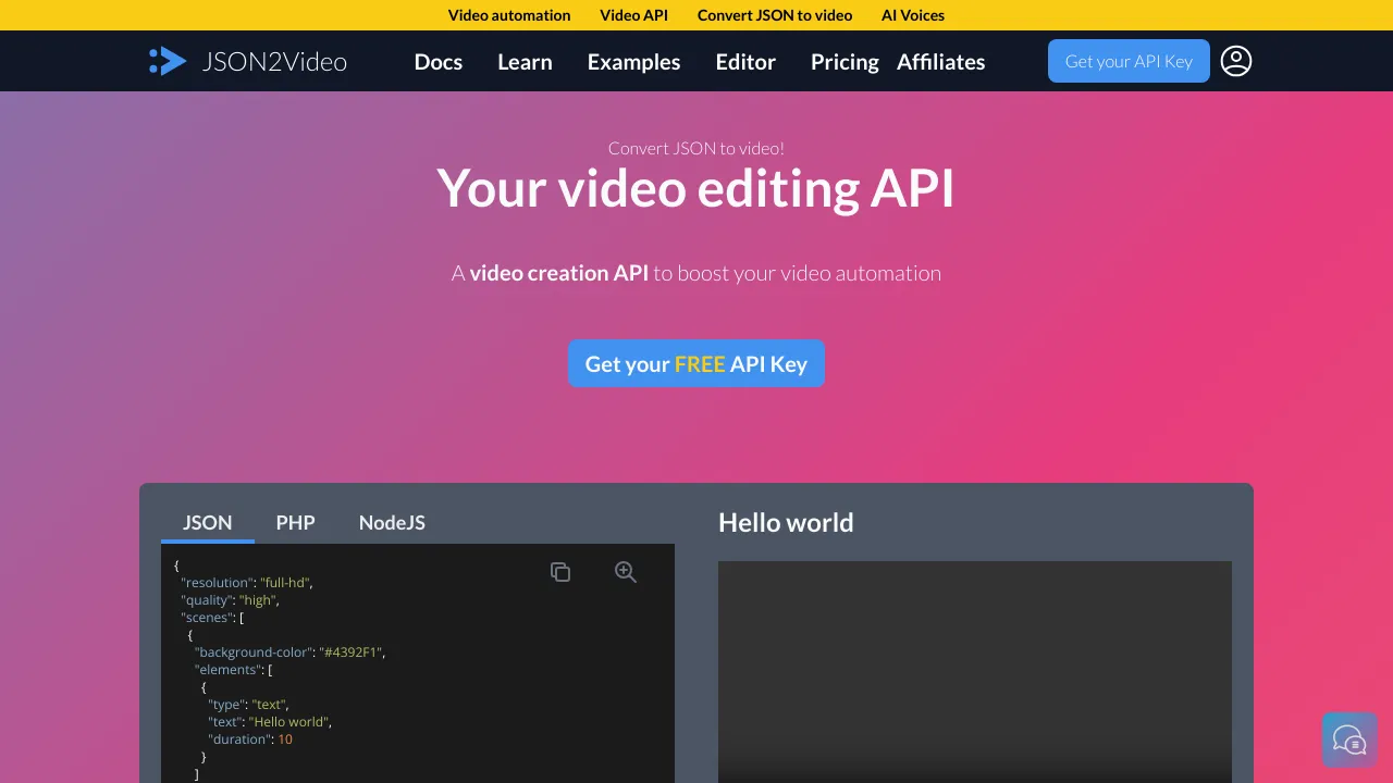 Screenshot of JSON2Video website