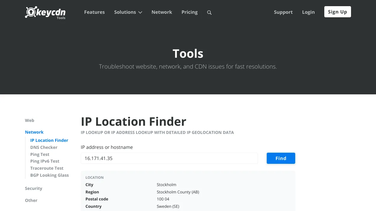 Screenshot of keycdn IP Location Finder website