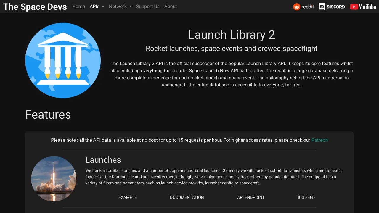 Screenshot of Launch Library 2 website