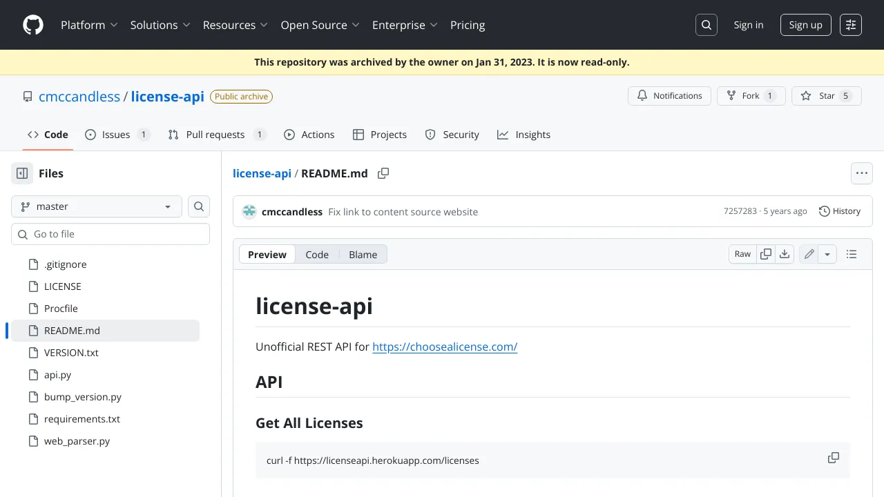 Screenshot of License-API website