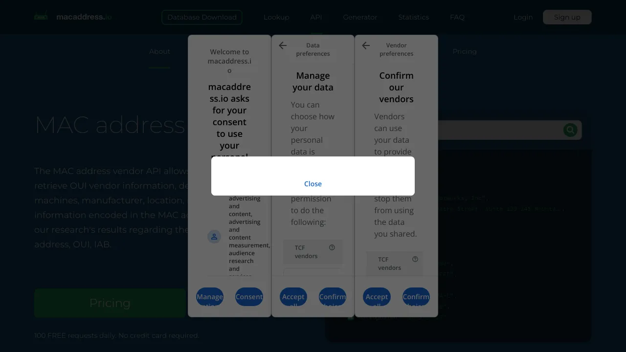 Screenshot of MAC address vendor lookup website