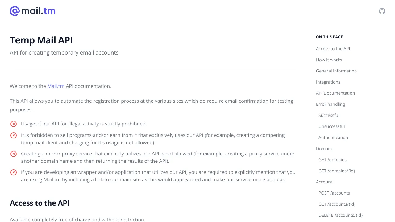 Screenshot of mail.tm website