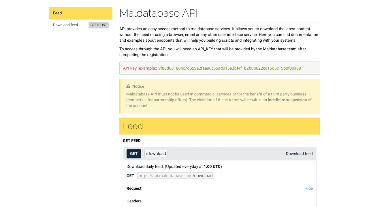 Screenshot of MalDatabase website