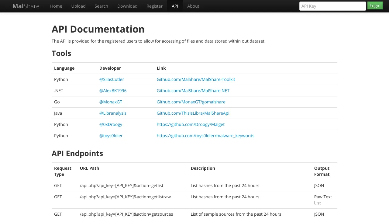 Screenshot of MalShare website