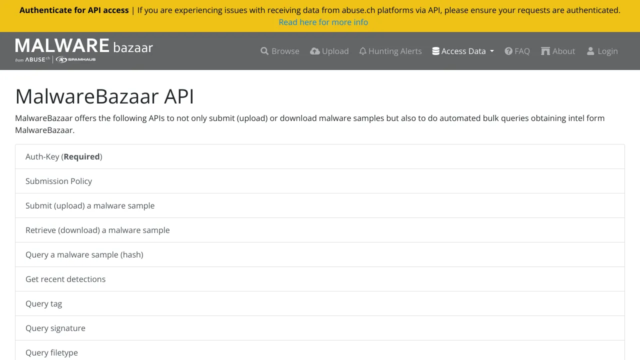 Screenshot of MalwareBazaar website