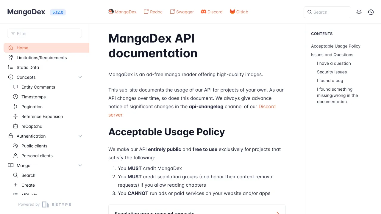 Screenshot of MangaDex website