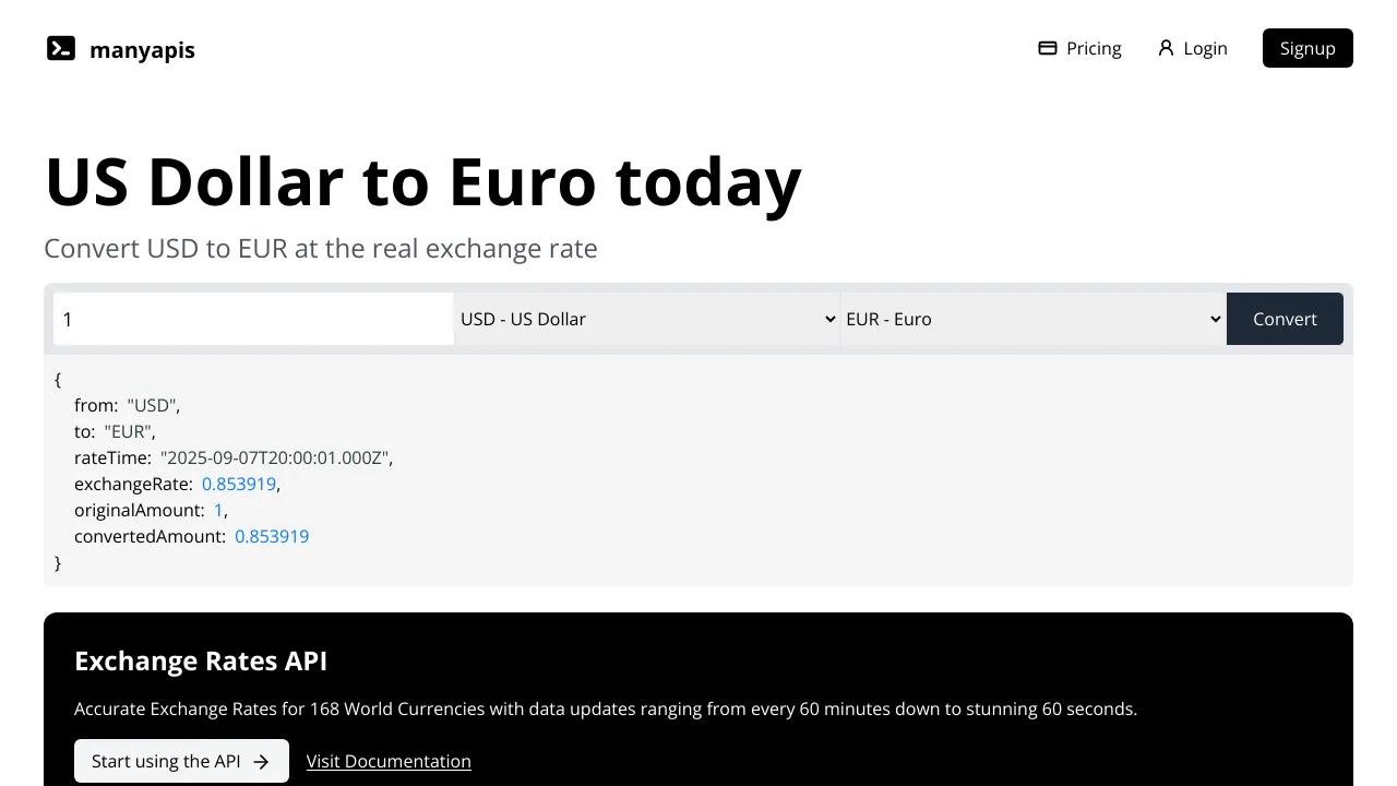 Screenshot of Manyapis Currency website