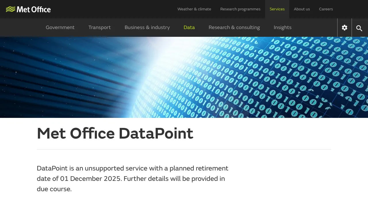 Screenshot of Met Office DataPoint website