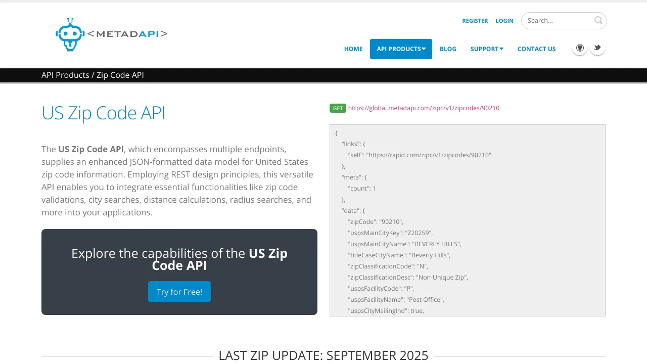 Screenshot of Metadapi Zip Code website